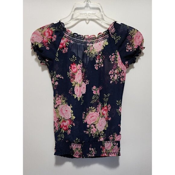 Abercrombie Kids Floral Ruffle Sheer Navy Peasant Blouse Size M - Picture 7 of 9